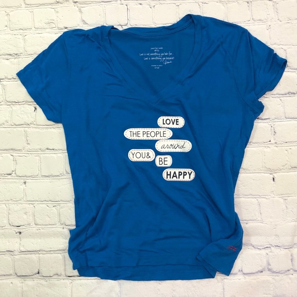 Peace Love World Love The People Around You and Be Happy V-Neck Tee Sz S